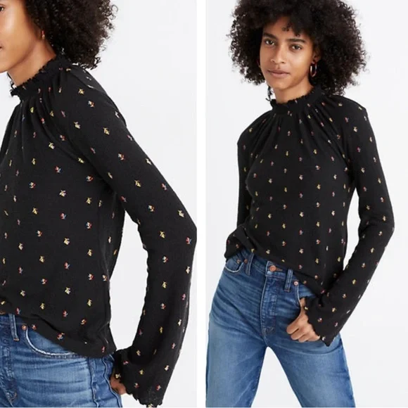 Madewell Texture & Thread Ruffled Mockneck Top in Rainbow Buds /Black Medium NWT - Picture 2 of 5